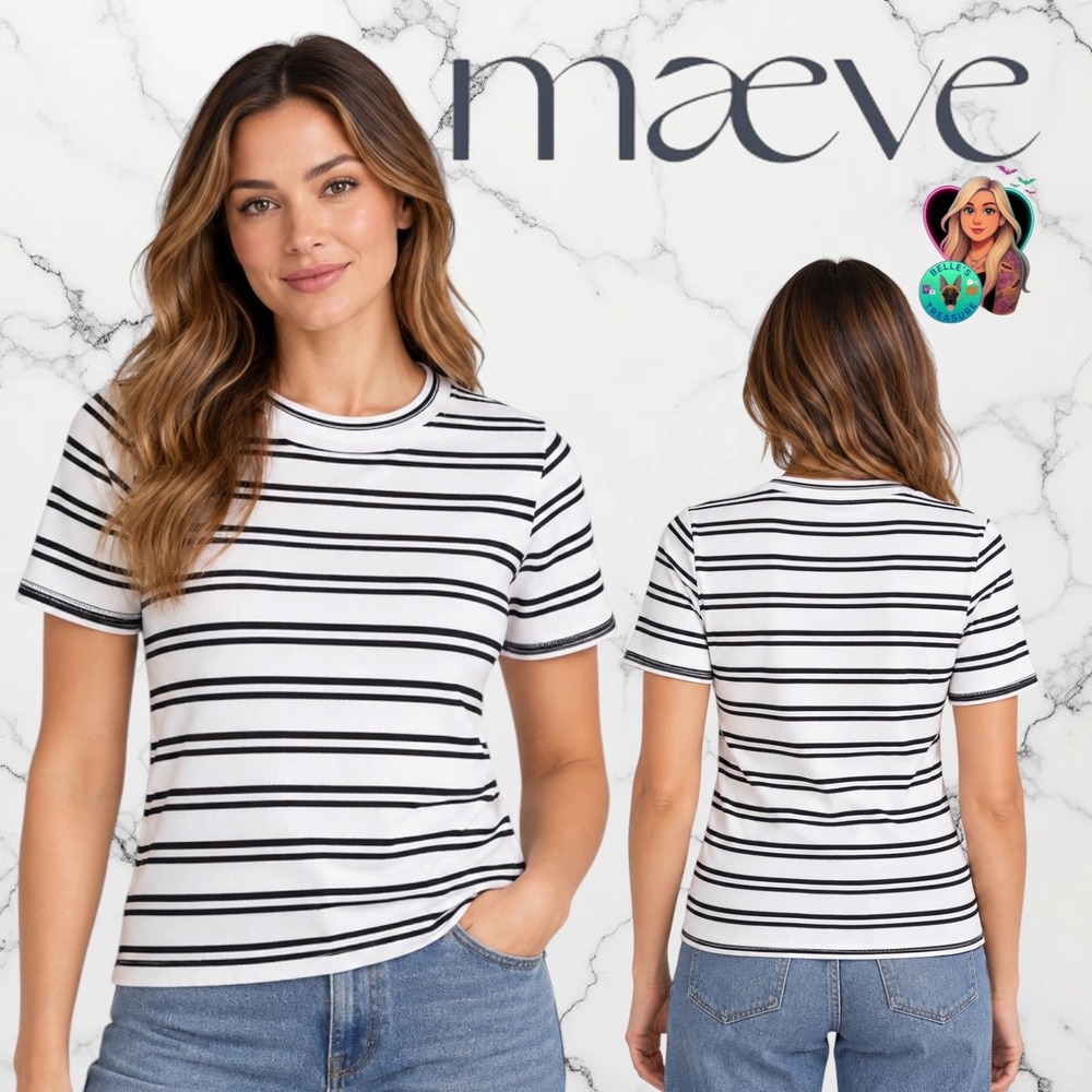 Maeve Anthropologie Womens Large Black White Striped Ribbed Short Sleeve Tee Top